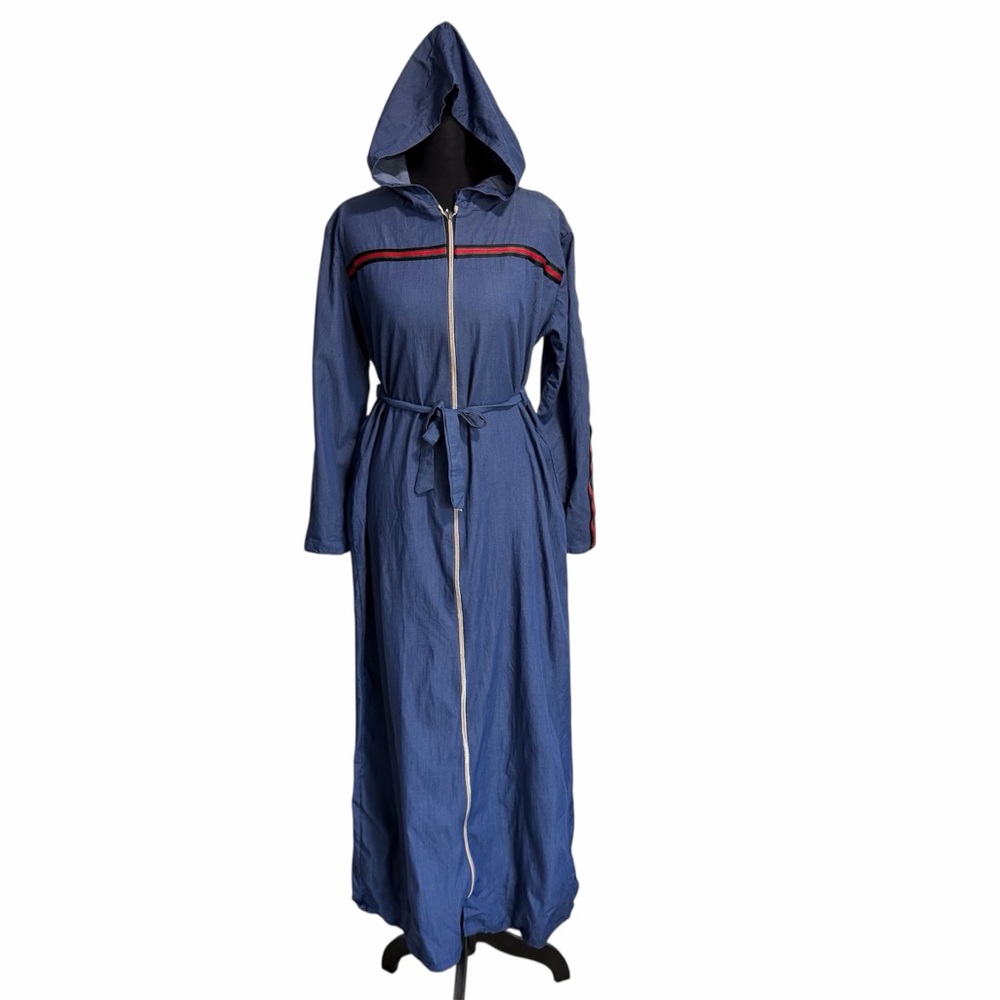 Blue Hooded Abaya Dress with Red Green And Black Stripe